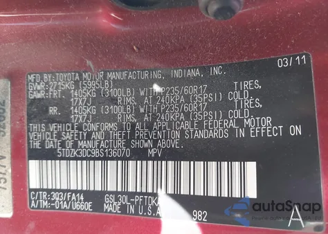 2011 Toyota Sienna Base V6 from USA, damaged, VIN 5TDZK3DC9BS136070